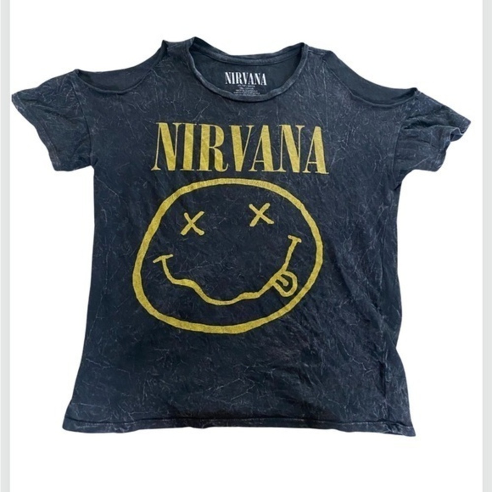 NIRVANA 2017 Oversized Black Cut Out Acid Wash Yellow Smiley Face Tee Shirt XS